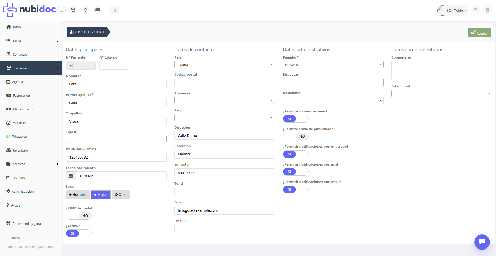 Paso 3: completar datos principales del paciente