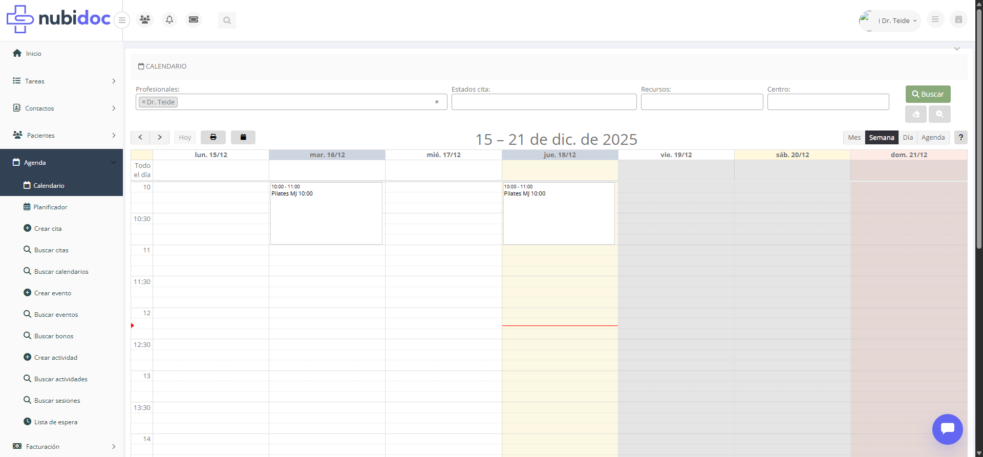 Paso 4: vista de agenda semanal en Nubidoc